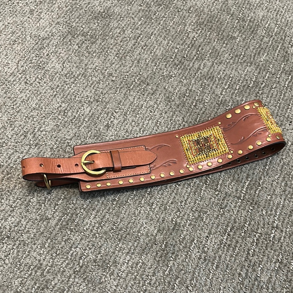 Peyote Bird Double Buckle, Leather Tooled, Beaded Belt -Small - Picture 4 of 5